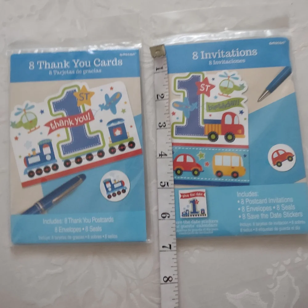 1st Birthday 8 invitations stickers  + 8 Thank You cards train airplanes cars